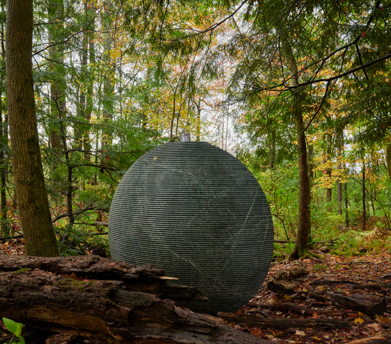 DMZ Korea zone art (a grey sphere with a glass bird in the forest)