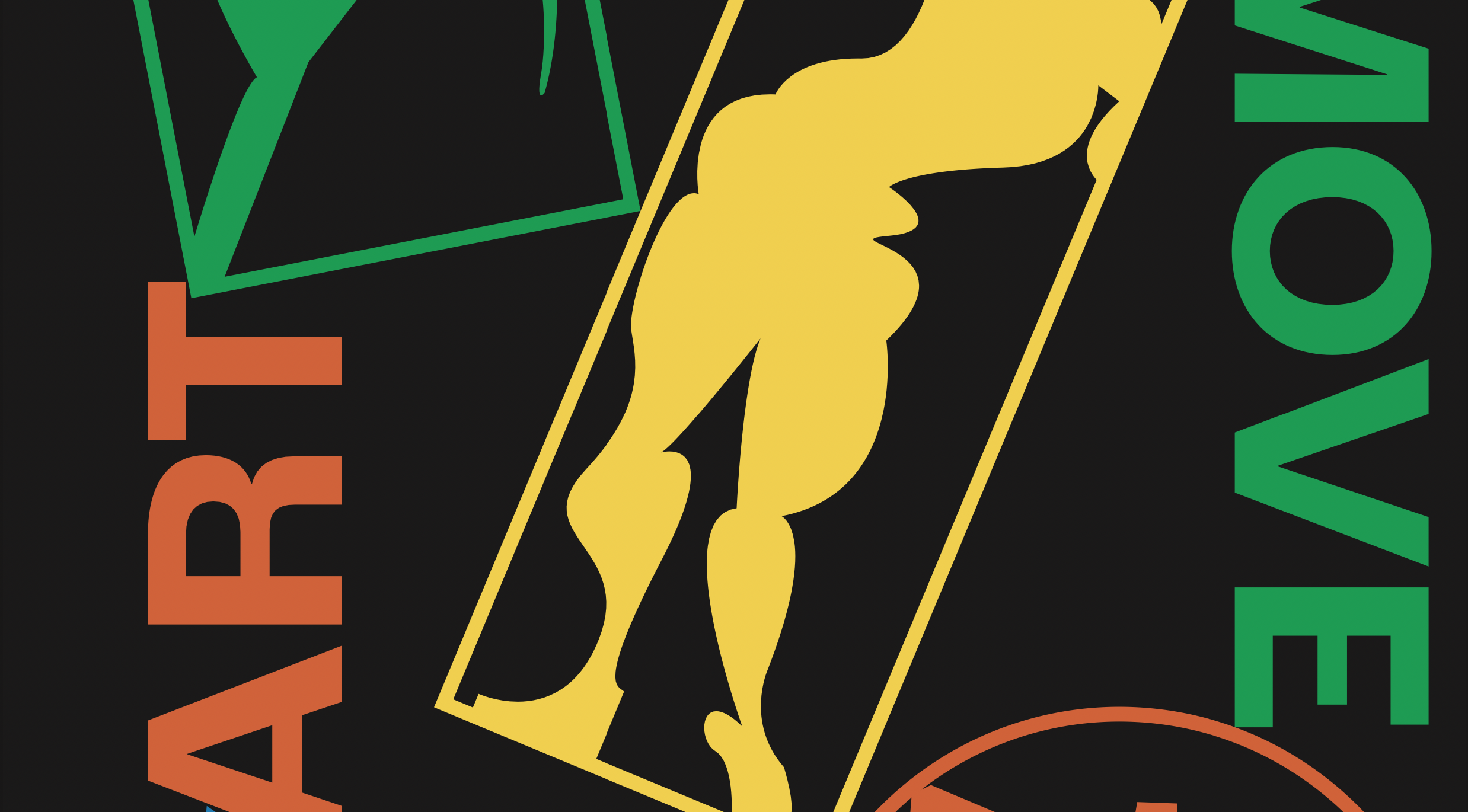 cropped vernissage image on black background with bold bordered white type with colorful graphic elements